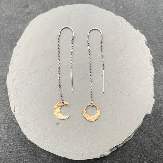 10k white goldcelestial threader earrings with hammered 10k yellow gold sun and moon charms.